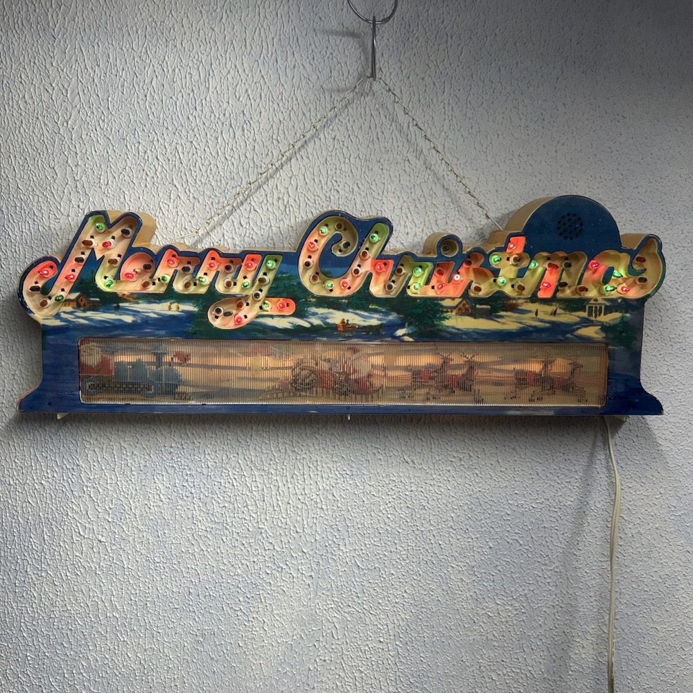 Vintage Merry Christmas Sign With Music Lights & Rotating Picture Across Bottom